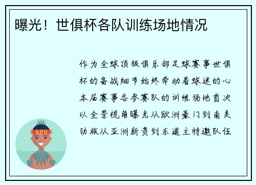 曝光！世俱杯各队训练场地情况